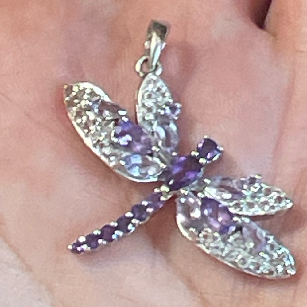 925 sterling silver genuine amethyst with white topaz dragonfly pendant - Picture 3 of 4